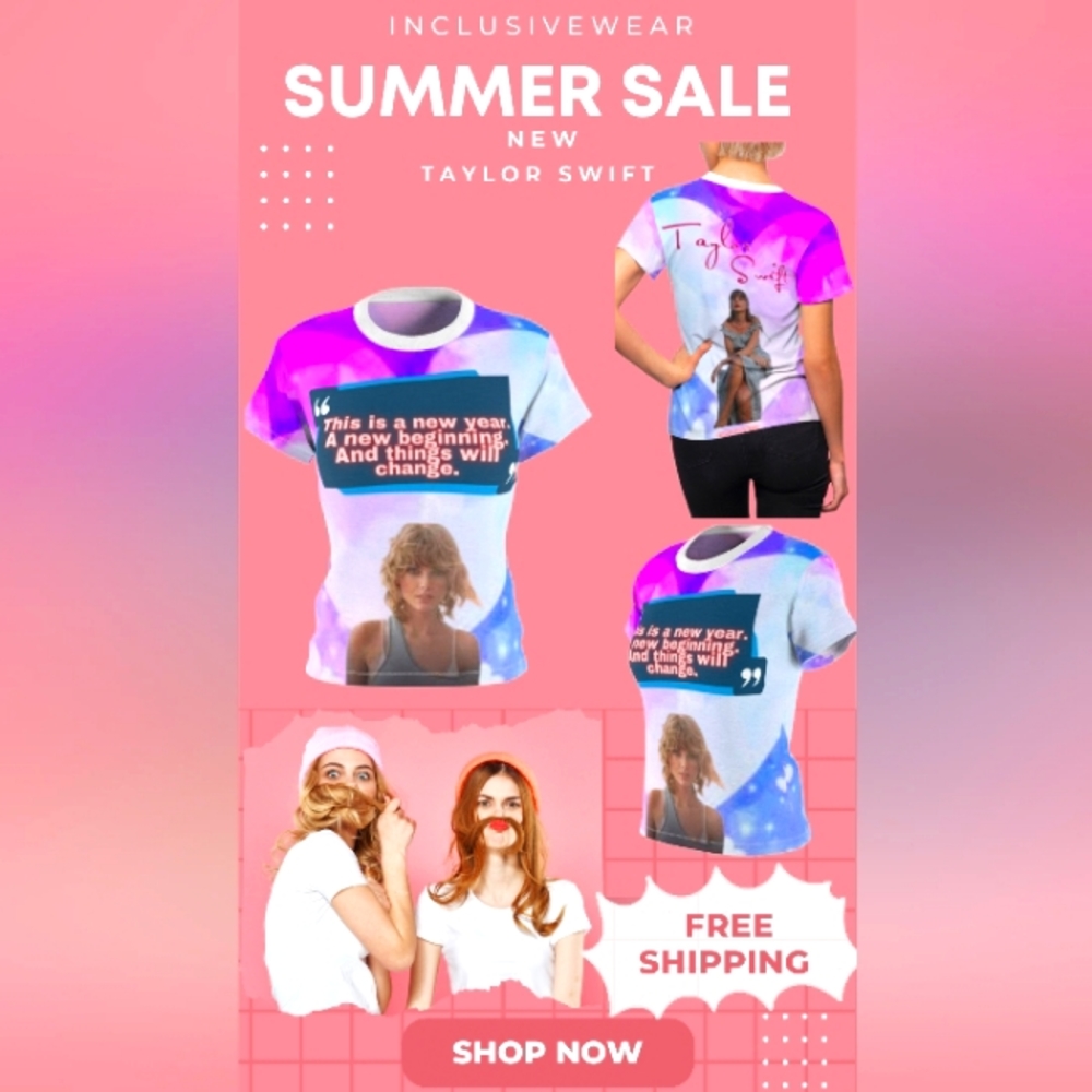 Taylor Swift New Year Woman's Short Sleeve Tee , Multiple Sizes. Pink and blue